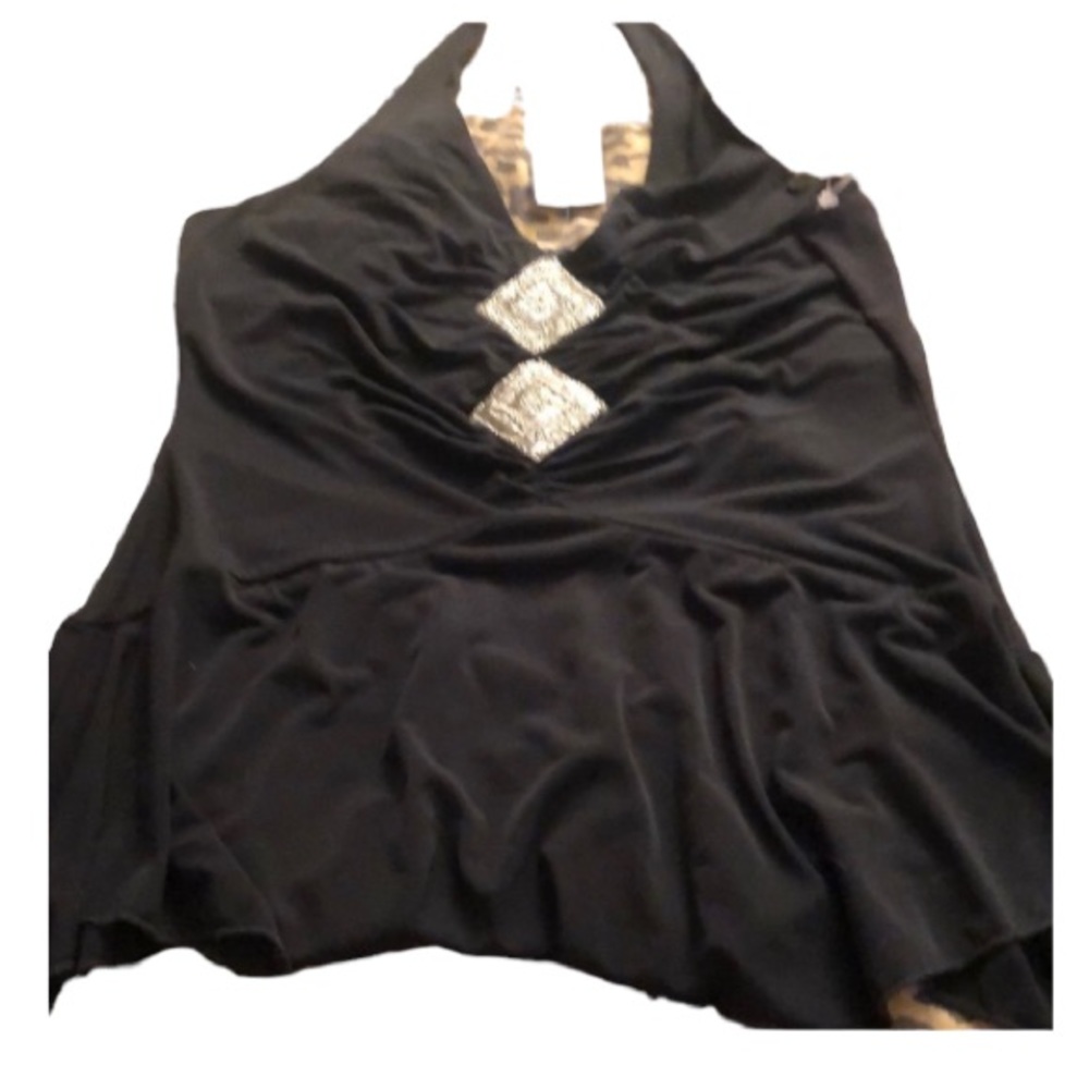 𝅺Simply Irrestible size  XL black halter top asymmetrical hem beaded detail